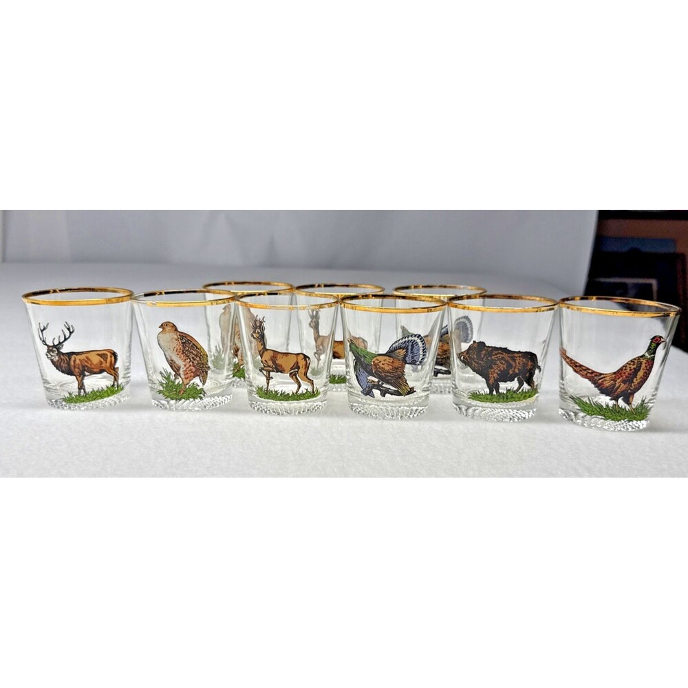 Ruhrglas Vintage Wildlife Rocks Glasses Set of 9 Gold Rim Lowball Tumblers
